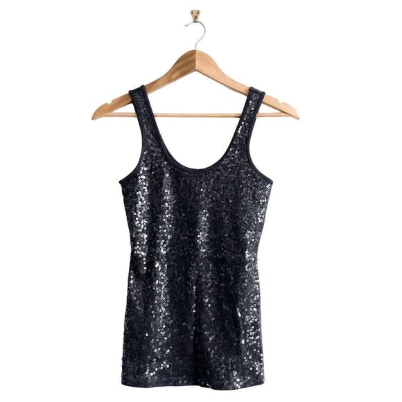 Express Women Sequin Tank Top Sleeveless Stretch Scoop Neck Pullover Black Small - Picture 1 of 6